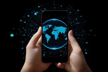 Poster - Global Network Connection Digital World Technology Smartphone Hands Holding Mobile Blue Light Abstract Background Futuristic Innovation Internet Communication  