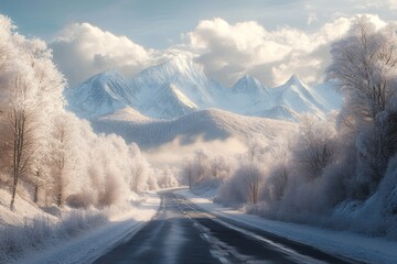 Serene winding road surrounded by snowy mountains and rime covered trees in tranquil nature scene
