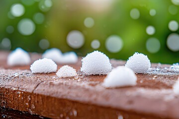 Wall Mural - Hailstones on Wood Surface After Summer Storm Fresh Ice Nature