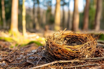 Poster - Empty Birds Nest in Sunny Forest Woodland Nature Scene