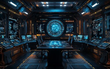 Poster - Futuristic spaceship bridge with holographic displays and control panels.