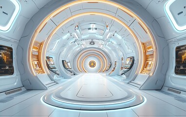 Poster - Futuristic spaceship corridor with glowing lights and circular design.