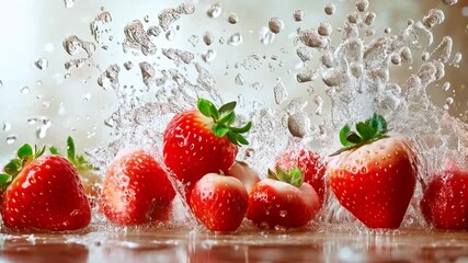 Poster - Fresh strawberries create a vibrant scene with droplets of water splashing around them. The explosion of color and texture captures the essence of juicy berries in a dynamic display.
