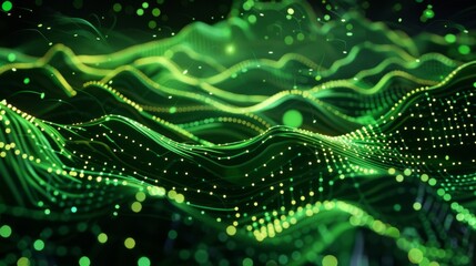 Sticker - Abstract digital background with flowing green waves composed of interconnected dots and lines, creating a sense of dynamic movement. Ideal for themes in technology, networking, and data visualization