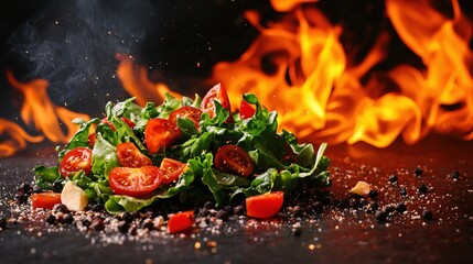 Wall Mural - Fresh Tomato and Green Leaf Salad Fiery Background  Delicious Food Photography