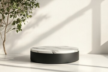 Poster - The striking Nordic-style podium showcases a matte black ceramic base topped with elegant white marble, enhanced by subtle gold accents