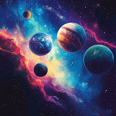 Fototapete - A stunning vector background of the universe featuring vibrant planets, stars, and cosmic details, perfect for creative designs.


