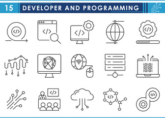 Leinwandbilder - A set of line icons related to Developer and Programming. Develop, programming, coding, cloud, training, computer, network, and so on. Vector editable stroke.