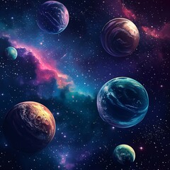 Fototapete - A stunning vector background of the universe featuring vibrant planets, stars, and cosmic details, perfect for creative designs.

