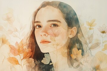 Poster - A woman with soft facial features gazes gently while her flowing hair blends softly with abstract floral elements