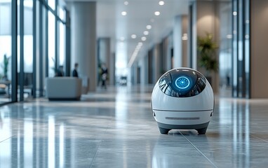 Poster - Futuristic robot in modern office lobby.