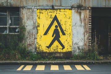 Wall Mural - Urban Pedestrian Crossing Sign on Rusted Wall