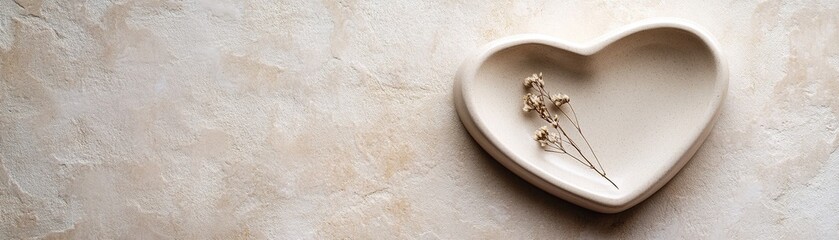 Wall Mural - A heart-shaped plate crafted from light stone showcases a small dried flower, resting gracefully on a smooth neutral surface. This tranquil setup offers ample space for personalized text overlays