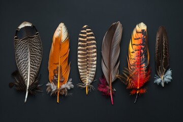 Poster - Six colorful feathers lying on a simple black background creating an elegant and minimalist composition