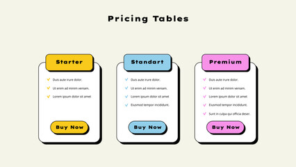 Poster - Neobrutalism pricing tables. Subscription options or what is included in the plan. Infographic design template. Flat vector illustration for website, application