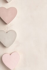 Poster - Soft beige, blush pink, and light gray heart shapes are arranged on a smooth, light background. This modern, minimalist design provides ample space for text, ideal for various creative projects