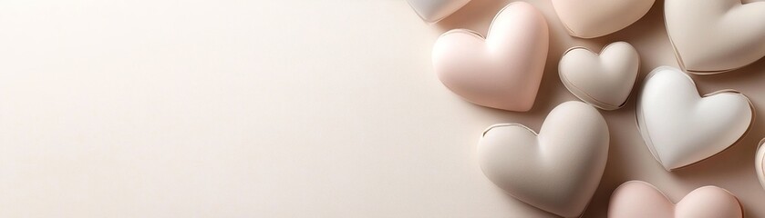 Poster - Soft beige, blush pink, and light gray heart shapes form a minimalist design on a light background, creating a serene space perfect for text overlay and modern compositions
