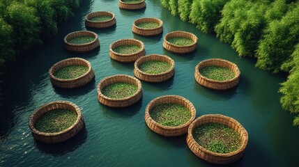 Poster - Aerial view of circular bamboo rafts on calm river, lush green vegetation on banks.