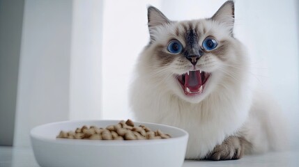 Adorable Ragdoll cat meowing with an open mouth next to a bowl full of cat food