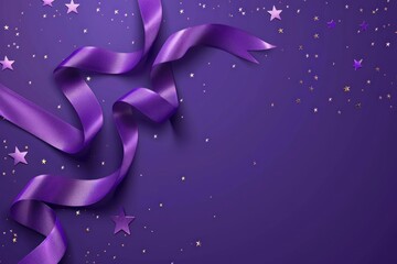 Poster - Purple satin ribbon and confetti forming a festive border on a purple background with copy space