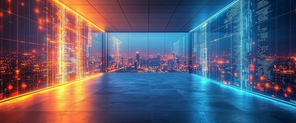 Poster - Futuristic cityscape view from a modern glass room with glowing digital data displays.