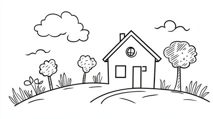 Wall Mural - black and white vector illustration, countryside with cozy cottage for coloring activities.