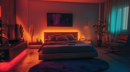 Sticker - Ambient Bedroom Lighting Design with Plants and Artwork