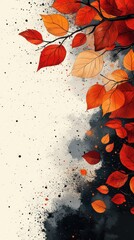 Wall Mural - Autumn leaves falling, red and orange foliage on branch, abstract art.