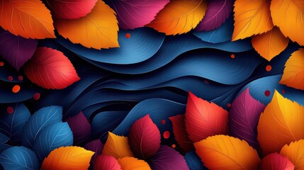 Wall Mural - Autumn leaves on dark blue wavy background.