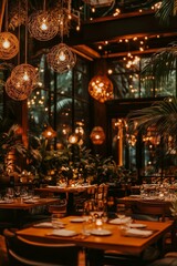 Canvas Print - Interior of a tropical restaurant during a nighttime dining scene