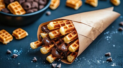 A delicious cone filled with golden-brown waffles and chocolate chips, surrounded by scattered mini waffles on a dark background.