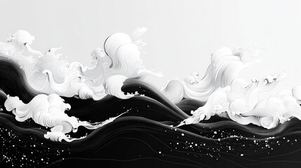 Poster - Abstract Black and White Waves Illustration with Flowing Patterns and Dynamic Movement in Japanese Style Design