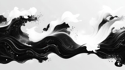 Poster - Abstract Black and White Wave Pattern with Fluid Lines and Elegant Swirls Representing Nature and Motion in Modern Art Style