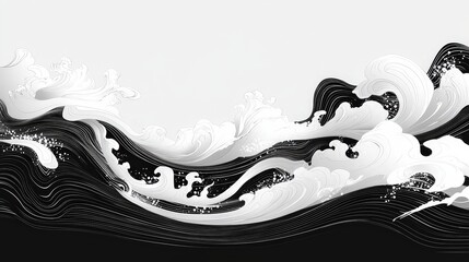 Poster - Elegant Black and White Japanese Wave Illustration with Fluid Lines and Dynamic Patterns for Artistic Designs and Backgrounds