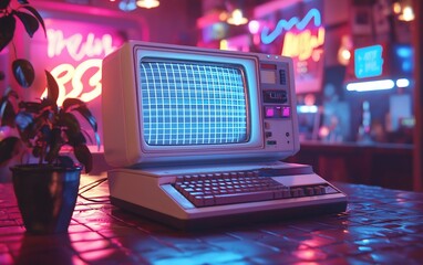 Aufkleber - Retro computer on table in neon lit bar.
