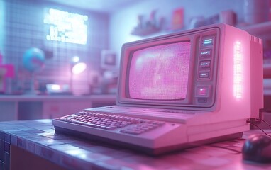 Aufkleber - Retro computer with CRT monitor in a vibrant pink-lit room.