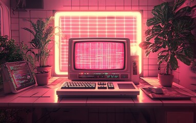 Aufkleber - Retro computer setup with pink neon light and plants.