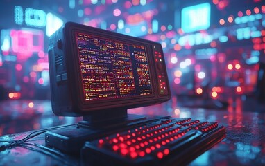 Aufkleber - Retro computer with red keyboard in cyberpunk city.