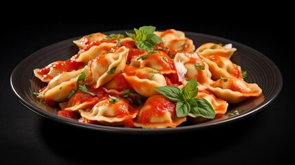 Photo of a delicious plate of ravioli with tomatoes sauce isolated on white background