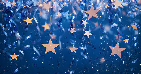 Wall Mural - Image of stars falling over party streamers on blue background