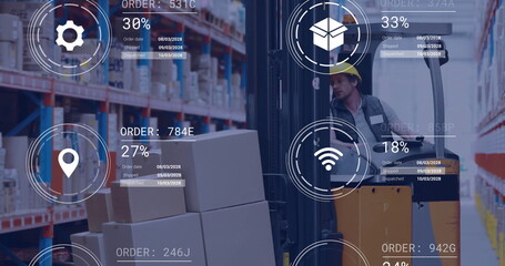 Poster - Image of icons and data processing over caucasian man working in warehouse