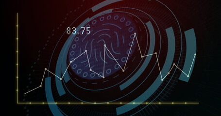 Poster - Image of biometric fingerprint icon and digital data processing over dark background