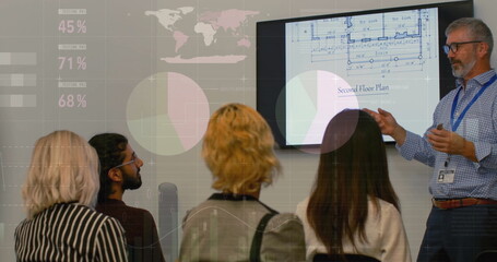 Poster - Image of financial data processing over diverse business people in office
