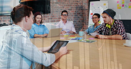 Poster - Image of financial data processing over diverse business people in office