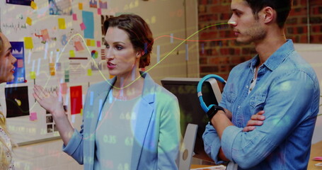 Poster - Image of financial data processing over diverse business people in office