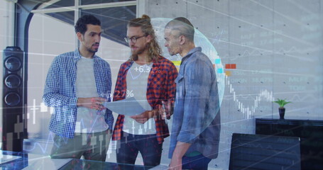 Poster - Image of financial data processing over diverse business people in office