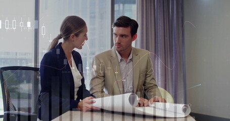 Poster - Image of financial data processing over diverse business people in office