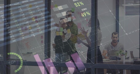 Poster - Image of financial data processing over diverse business people in office