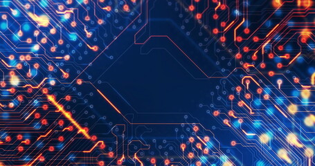 Poster - Image of network of glowing connections over circuit board on black background
