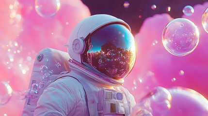 Wall Mural - astronaut in vibrant cosmic landscape with bubbles